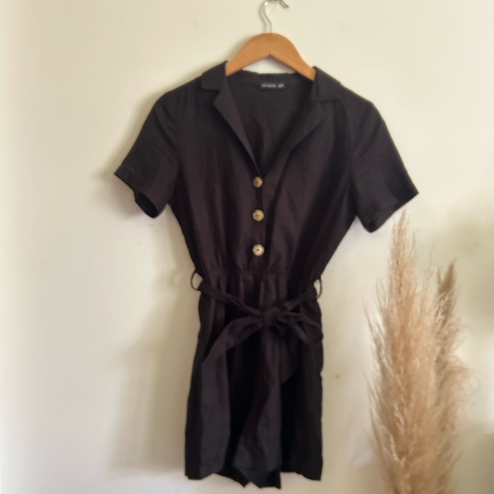 Black Short-Sleeve Button Front Romper with Waist Tie